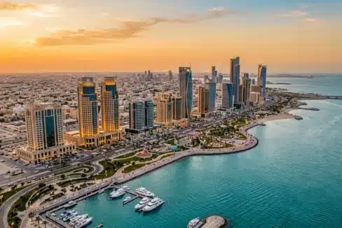 Aerial view of Al Khobar Corniche skyline and Saudi Eastern Province waterfront